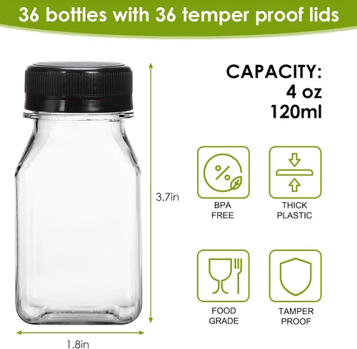 Vista 2 de Moretoes 36 botellas de jugo de 4 onzas, botellas pequeñas de plástico con tapas, recipientes transparentes reutilizables con tapas para jugos
