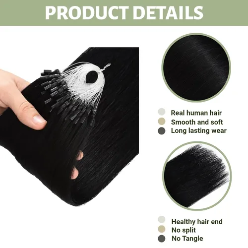 Vista 4 de Micro Link - Extensiones de cabello humano Remy virgen con micro anillo, extensiones de cabello humano de 0.02 oz/hebra, 1.76 oz, extensiones de #1