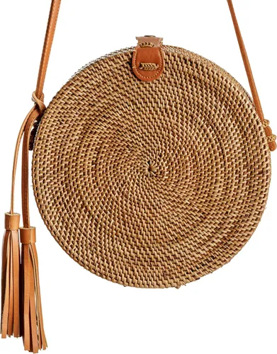 Vista 2 de Bolsas de ratán para mujer hechas a mano tejido de mimbre bolso de mano con forma de círculo estilo bohemio
