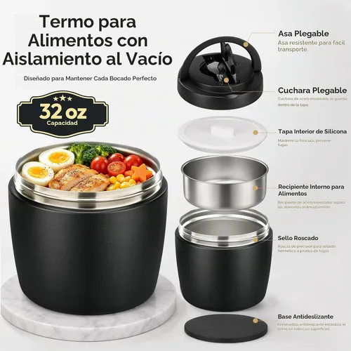 Vista 2 de Termo de sopa para comida caliente, contenedor de almuerzo aislado de acero inoxidable de 32 onzas, termo de boca ancha para sopa y alimentos Negro