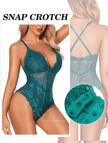 Vista 2 de Avidlove - Lencería para mujer, body con cierre a presión en la entrepierna, con encaje sexy en contraste, babydoll, una pieza, lencería tipo Teddy