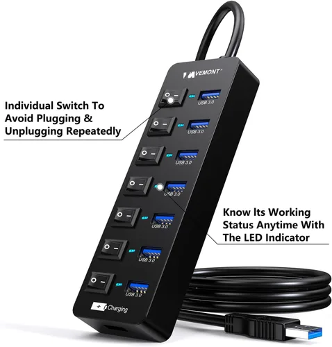 Vista 9 de Hub USB 3.0 alimentado, concentradores VEMONT de 7 puertos múltiples USB y 1 puerto de carga inteligente USB con fuente de alimentación de 5 V/3 A