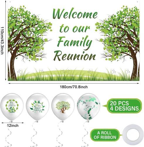 Vista 3 de Jiuguva 21 piezas de decoraciones de fiesta de reunión familiar 2026, bienvenidos a nuestro árbol familiar, pancartas de reunión de 70 x 43 y globos