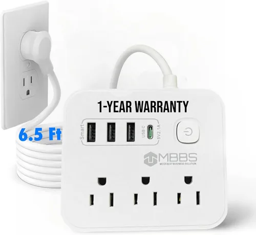 Vista 12 de Regleta de protección contra sobretensiones de 4 pies con USB C, protección 1200J, cable de extensión resistente, (7 en 1), 3 salidas de CA, 4