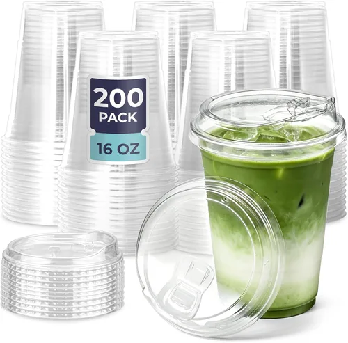 Vista 10 de Fit Meal Prep Paquete de 50 vasos de plástico transparente de 12 onzas con tapas sin pajilla, tazas de café de plástico desechables con tapas, tazas