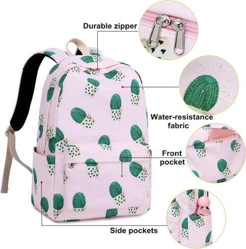 Vista 3 de Juego de mochila escolar de 3 piezas, ligeras, para adolescentes, niñas, con aislamiento, estuche para lápices (Cactus)