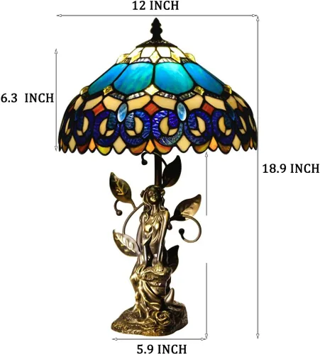 Vista 8 de Tiffany - Lámpara de mesa con vitrales, 12 x 12 x 18.5 pulgadas, escultura de resina, luz de lectura antigua (joyería azul barroco) Escultura
