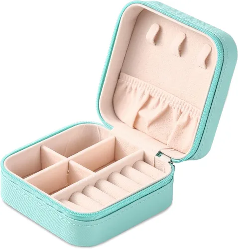 Vista 4 de Mini caja de joyería portátil de viaje de cuero organizador de anillos de joyería caja de regalo para niñas y mujeres 2 piezas azul
