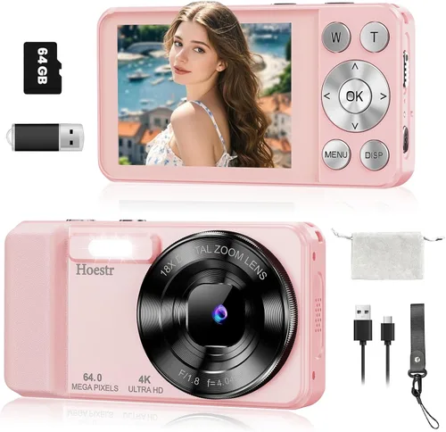 Vista 10 de Cámara digital 4K de 64MP, Hoestr Cámara compacta de punto y disparo con zoom 18X y enfoque automático con tarjeta TF de 64GB, flash, pantalla LCD