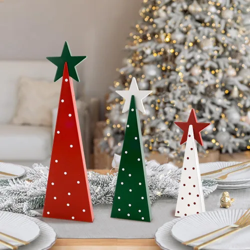 Vista 6 de Decoraciones de Navidad para interiores, decoración de Navidad - 3 piezas de señales de árbol de Navidad de madera con estrellas para el hogar