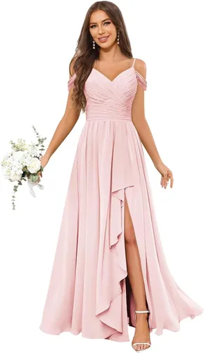 Vista 7 de OFEECHUN Women's Off The Shoulder Long Bridesmaid Dresses for Wedding Chiffon Ruched Formal Evening Gowns with Slit