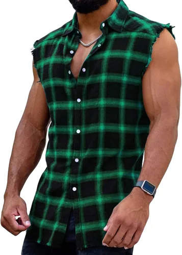 Vista 5 de Beotyshow Camisa de franela sin mangas con botones para hombre, camisas A: Azul