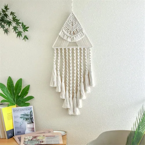 Vista 2 de Tapiz de macramé tejido de algodón, estilo bohemio, atrapasueños, decoración de pared, 10.5 x 28 pulgadas