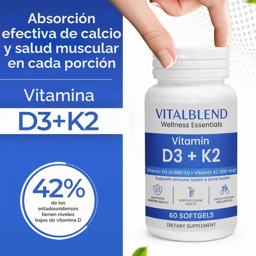Vista 3 de Cápsulas blandas de vitamina D3 K2, 5000 UI D3 con K2 MK-7, suplemento de apoyo óseo y cardíaco – Fórmula a base de aceite de alta absorción, sin OMG