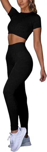 Vista 3 de LYANER Conjuntos de entrenamiento para mujer, camiseta corta de manga corta y leggings de cintura alta, conjuntos de yoga de 2 piezas