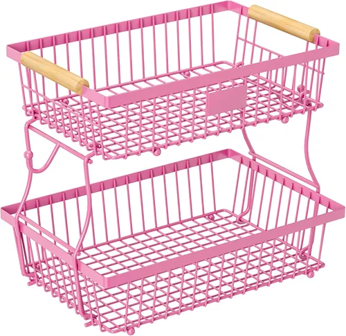 Vista 9 de Cesta de frutas de 2 niveles para encimera de cocina con 2 ganchos para plátanos, cesta de pan de metal para encimera con mango de madera, soporte