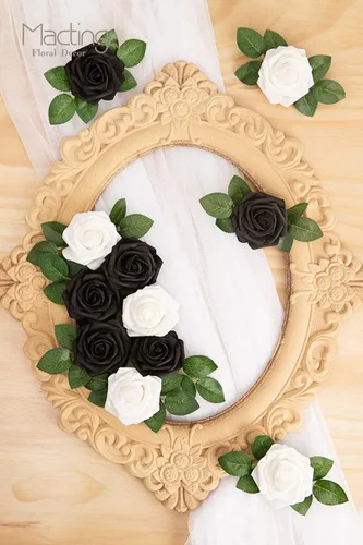 Vista 6 de MACTING 30 PCS Flores Artificiales Rosas Negras y Blancas Flores Falsas con Tallo Rosas de Espuma de Tacto Real para Boda Bola de Besos Ramillete