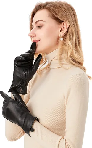 Vista 2 de Guantes de piel de oveja genuina para mujer, guantes de invierno cálidos para pantalla táctil, con forro de cachemira, guantes de vestir