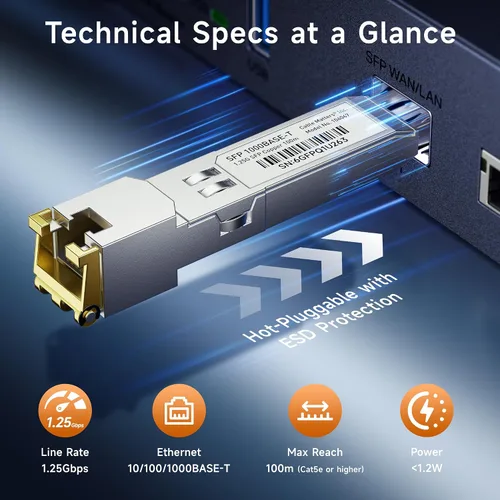 Vista 5 de Cable Matters 1000BASE-T Gigabit SFP a RJ45 módulo transceptor Ethernet de cobre para equipos Cisco, Ubiquiti, TP-Link, Netgear, MikroTik