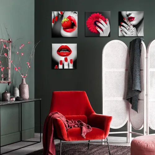 Vista 2 de Biuteawal Impresión artística moderna para mujer, impresión de labios rojos y uñas, elegante enmarcado femenino, pintura de arte de pared, arte