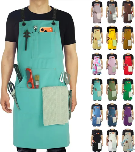 Vista 16 de Delantal de Cocina, Delantal de Trabajo, Lona, Múltiples Bolsillos, Jardinería, Pintura, BBQ, Artista, Carpintero, Tallas M a XXL, Ámbar