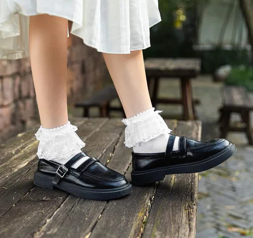 Vista 4 de SEMOHOLLI Calcetines de tobillo para mujer, con volantes de encaje con perlas, cómodos, no visibles, de algodón, calcetines de princesa, calcetines