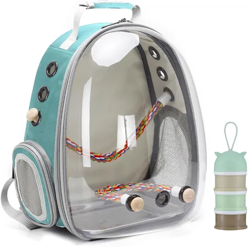 Vista 7 de Jaula de transporte de pájaros, cápsula de espacio transparente, mochila de astronauta para llevar periquitos, cacatúas, loro con bandeja de metal