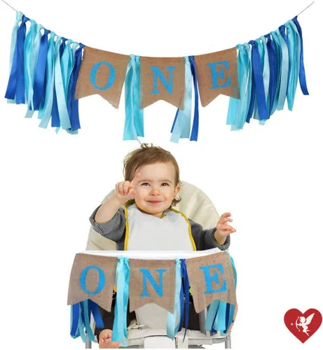 Vista 4 de SS Cohen decoraciones de primer cumpleaños, pancarta de primer cumpleaños de niño, pancarta de arpillera para silla alta para decoraciones