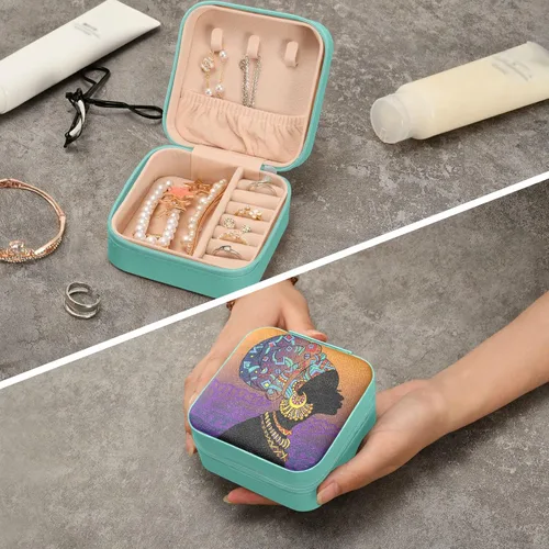 Vista 8 de Joyero de viaje pequeño pequeño organizador de joyas para anillos, aretes, collares, niñas, mujeres, hombres, mujeres afroamericanas