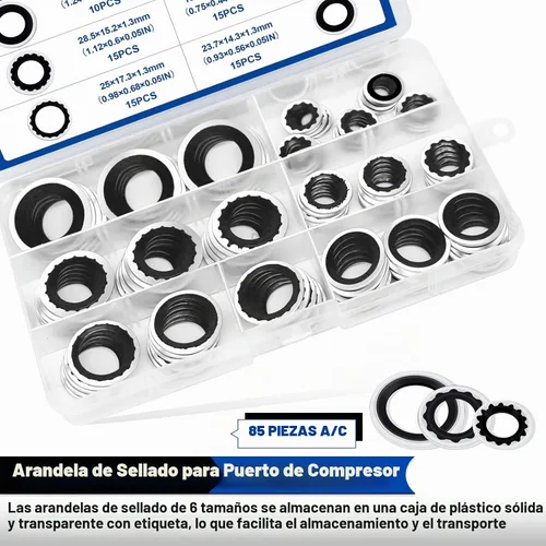 Vista 3 de Kit de 85 arandelas de sello de compresor de A/C, 6 tamaños de aire acondicionado, reparación de juntas de puerto de compresor de aire