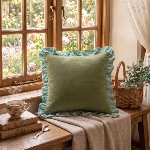 Vista 3 de patdrea - Juego de 2 fundas de cojín decorativas estilo shabby chic verdes, 18x18 pulgadas, fundas de cojín de lino rústico con volantes, funda
