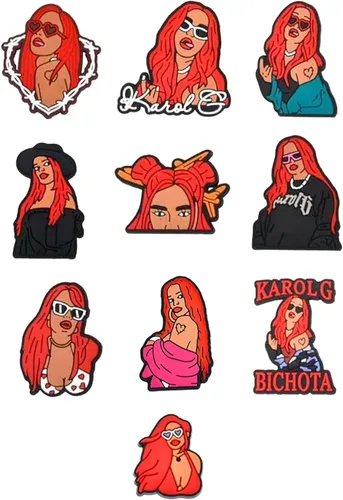 Vista 4 de 10 piezas de dibujos animados Karol G decoración lindas sandalias zuecos, accesorios para zapatos, dijes para niños, adultos, hombres, mujeres