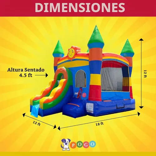 Vista 2 de Pogo Bounce House Crossover inflable con tobogán sin soplador, arcoíris sonriente 18 x 12 x 14.5 Foot Bounce House Combo Waterslide with