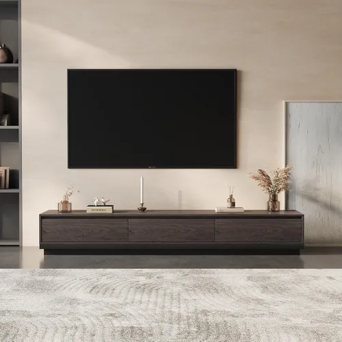Vista 9 de Soporte de TV extensible moderno Mid-Century con 3 cajones, centro de entretenimiento ajustable para sala de estar y dormitorio (79 a 130 pulgadas)