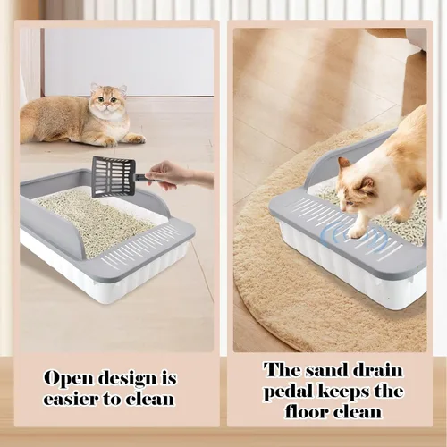 Vista 4 de Caja de arena abierta para gatos con lado alto antisalpicaduras para gatos con cuchara tamizadora de arena semi-cerrada, bandeja de arena