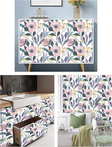Vista 9 de HAOKHOME 93019 - Papel tapiz floral para despegar y pegar, extraíble, de vinilo color rosa/azul/amarillo, autoadhesivo para estantes, 17.7 pulgadas