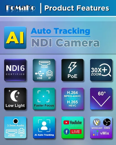 Vista 9 de Cámara FoMaKo NDI PTZ, 30X Zoom Óptico, Seguimiento Automático AI Gen 3, Cámara HDMI PTZ para Servicios de Adoración en Vivo, Educación y Eventos