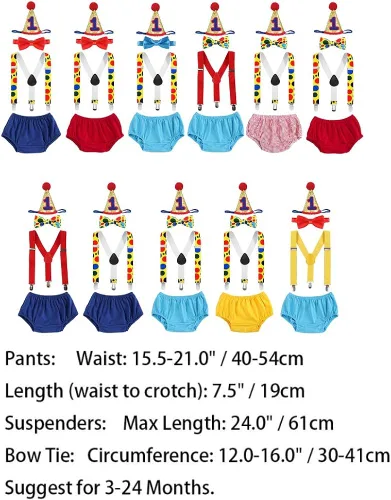 Vista 6 de IWEMEK Disfraz de payaso con tirantes para bebé, para el primer cumpleaños y el segundo cumpleaños de los niños