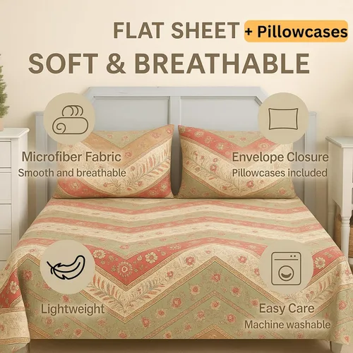 Vista 2 de DaDalogy Bedding - Sábana encimera botánica floral solo con 2 fundas de almohada, patrón de filigrana de cachemira cheurón bohemio, colorido, rojo