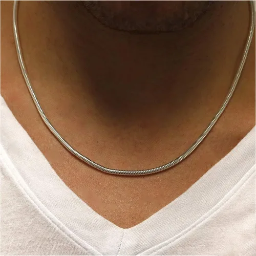 Vista 24 de Plata de ley 0.079 in (2 mm), 0.098 in (2.5 mm), 0.118 in (3 mm), 0.157 in (4 mm), 0.197 in (5 mm), cadena de serpiente redonda, collar de cadena