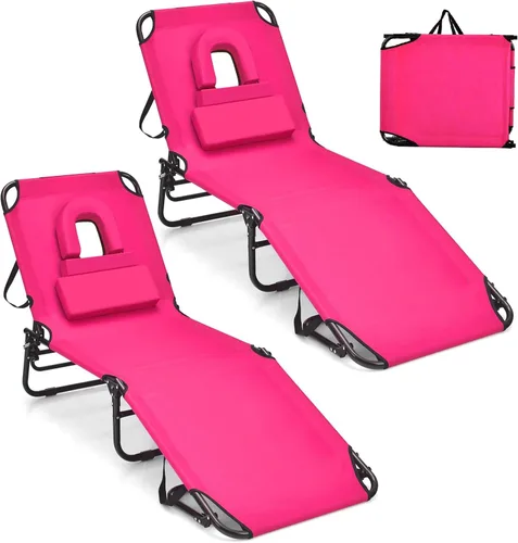 Vista 9 de GYMAX Silla de bronceado, silla de playa de 350 libras con agujero para la cara, almohada lavable y correa de transporte, tumbona plegable