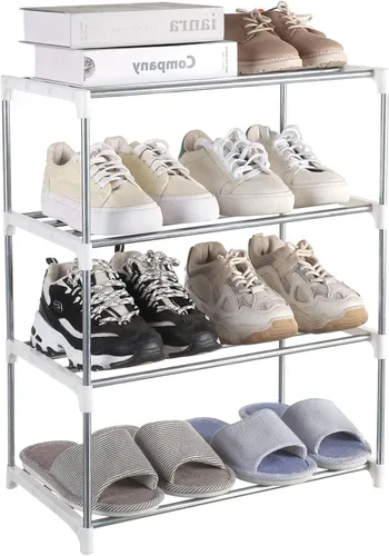 Vista 16 de Zapatero pequeño, organizador de estantes de zapatos estrechos apilables para entrada, puerta y armario del dormitorio (3 niveles, negro)