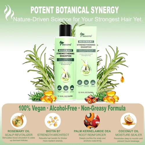 Vista 2 de Champú orgánico para el crecimiento del cabello con romero y biotina, exfolia y previene la rotura, fórmula ligera, más completo, más fuerte