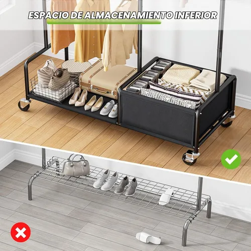 Vista 2 de Raybee Percheros para colgar ropa, perchero ajustable con ruedas bloqueables, estantes de almacenamiento, estante multifuncional para dormitorio