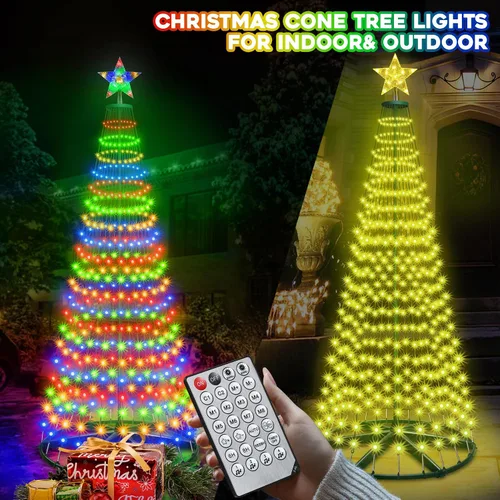 Vista 6 de Árbol de Cono de Navidad Preiluminado Inteligente de 30+ Modos con Luces - 7.5 pies 411 LED Control por App Espectáculo de Luces que Cambian