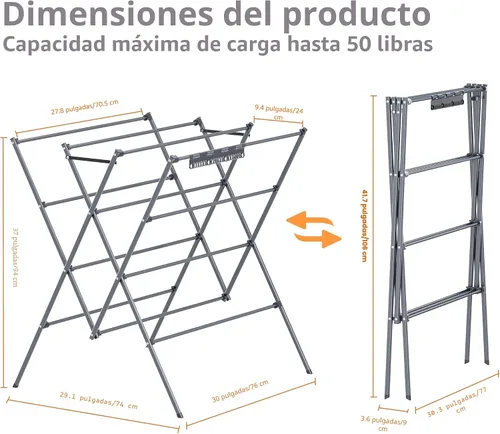 Vista 3 de HOMIDEC Tendedero de secado de ropa, 12 postes de secado grandes con clips para calcetines, estante de secado de ropa, plegable, portátil, para Plata