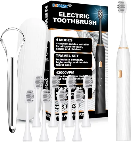 Vista 10 de FXQQZZ Cepillo de dientes eléctrico para adultos y niños, con raspador de lengua y estuche de viaje, 8 cabezales de cepillo, temporizador