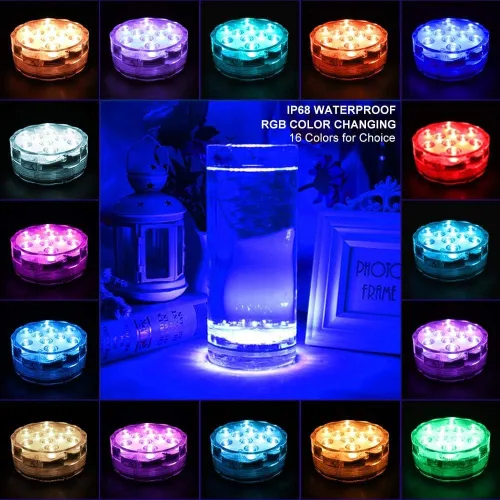 Vista 2 de Luces LED sumergibles con control remoto, 16 colores cambiantes, impermeables, luces de té LED, lámpara de piscina, luz de estanque subacuática a