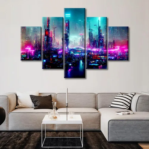 Vista 107 de Cuadros de 5 paneles de Cyberpunk City, arte de pared, representación de vallas publicitarias, edificios modernos en la capital con obras de arte