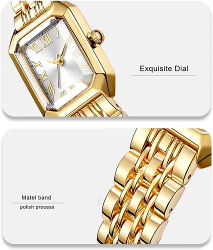Vista 3 de Relojes para mujer, caja rectangular vintage, banda de acero inoxidable, reloj de pulsera para mujer, números romanos simples, resistente al agua